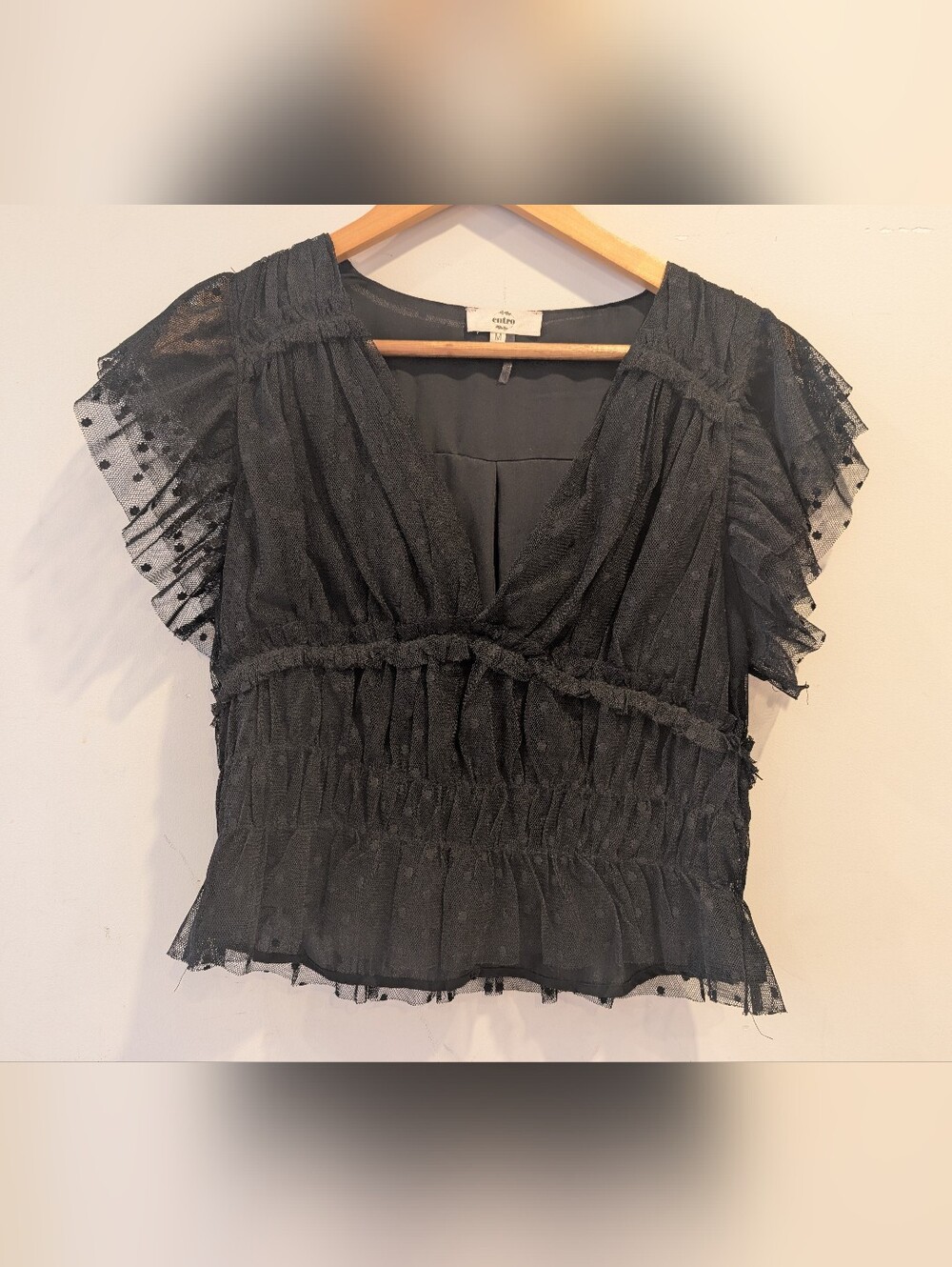 entro Women's M Black Sheer Ruffled Blouse Y2k Whimsigoth Fairy Goth Grunge